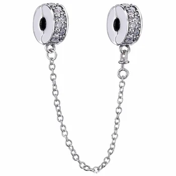 

New 925 Sterling Silver Bead Charm Silver Shining Elegance With Crystal Safety Chain Bead Fit Bracelet Diy Jewelry