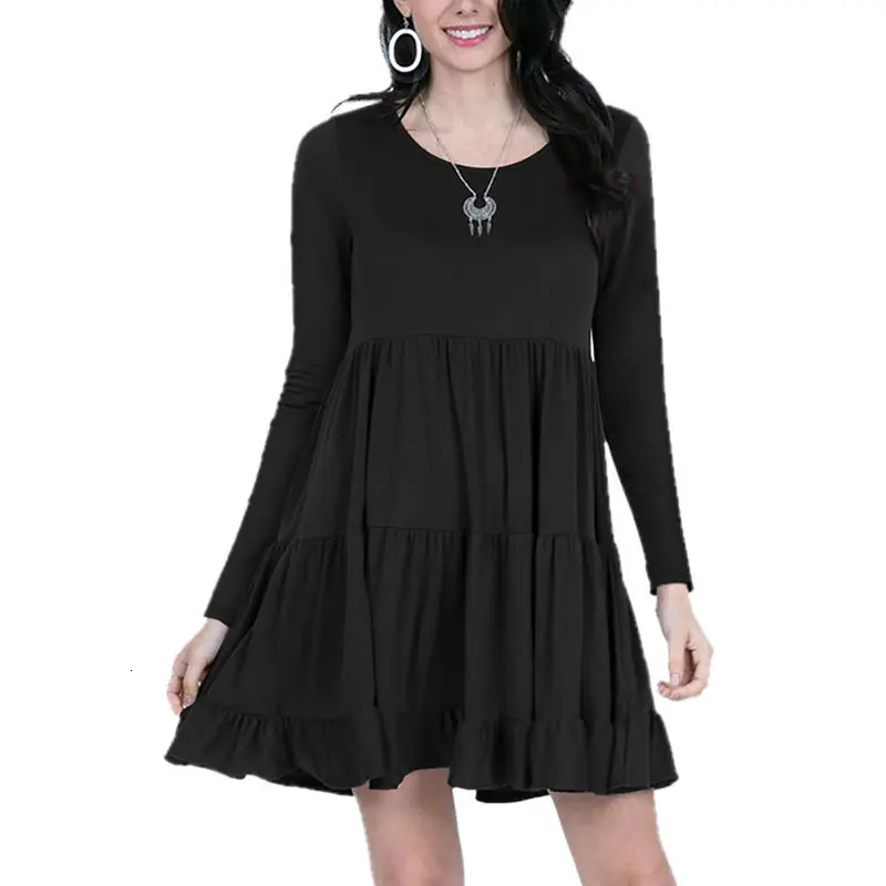 Summer Solid Color Pregnancy Dress Long Sleeves Maternity Dresses Ruffles Fashion O-neck Pregnant Dress Elegant - Цвет: black