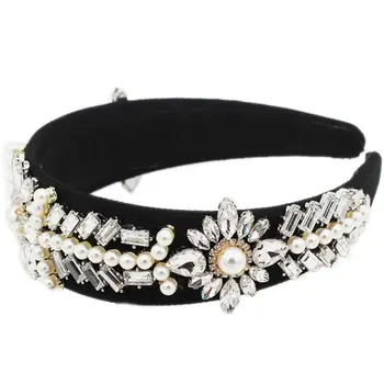 

Baroque Retro Faux Leather Headband Women Bridal Full Rhinestone Flower Leaves Jewelry Hair Hoop Dance Party Banquet Headpiece