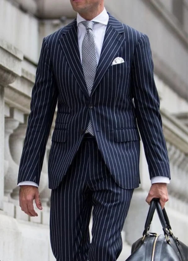 

New Navy Blue Striped Suit Men Vintage Tailored Slim Business Suits Dinner Suits Prom Dresses Groom Wear 2 Pieces(Jacket+Pants)
