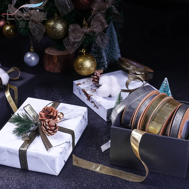 Gold and silver silk fabric ribbon diy craft gift box packaging ribbon bow flowers floral ribbon
