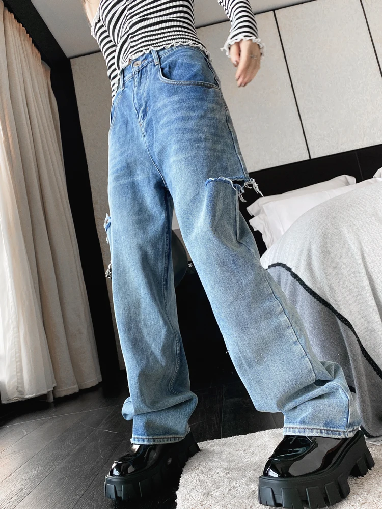 

Vintage Ripped Jeans Women High Waist Straight Casual Streetwear 2022 Spring New Long Pants Baggy Versatile Blue Denim Trouser