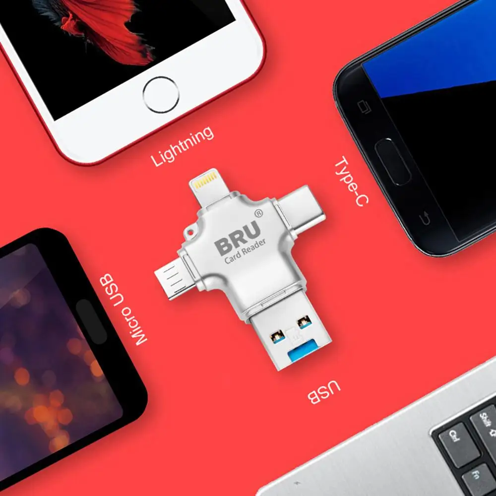 Bru 4In1 Usb Otg Pen Drive Usb Flash Drive 3.0 For Iphone Ipad Android Type-c Smart Phone Tablet PC