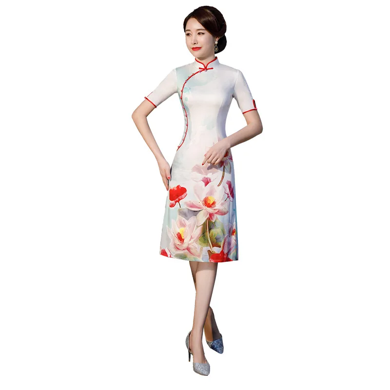 Женское элегантное вечернее облегающее платье Qipao с принтом белого цвета, с коротким рукавом, для сцены, Cheongsam оверсайз - Цвет: 2601