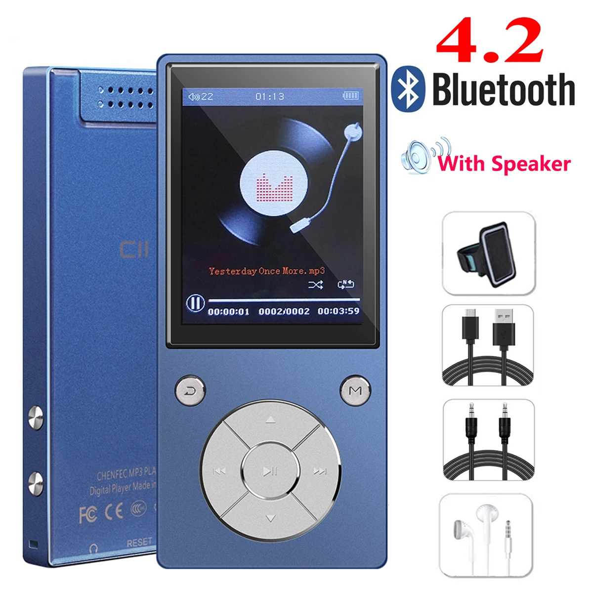 mp3-плеер с шагомером, Bluetooth 4,2, встроенный динамик, металлический плейер с fm-радио, поддержка SD карты до 128 ГБ - Цвет: C11-Blue-full set