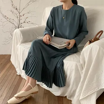 

HziriP Office Lady Irregular Pleated Solid Retro Vintage 2020 New Women Elegant Chic Loose All Match Casual Chic Long Dresses