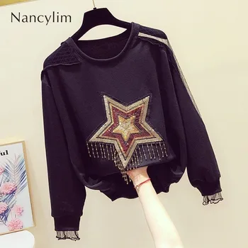 

Black Hoodies for Female Autumn New Diamond Sequins Five-pointed Star Shoulder-exposed Mesh Stitching Crew Neck Sweatshirt Shirt