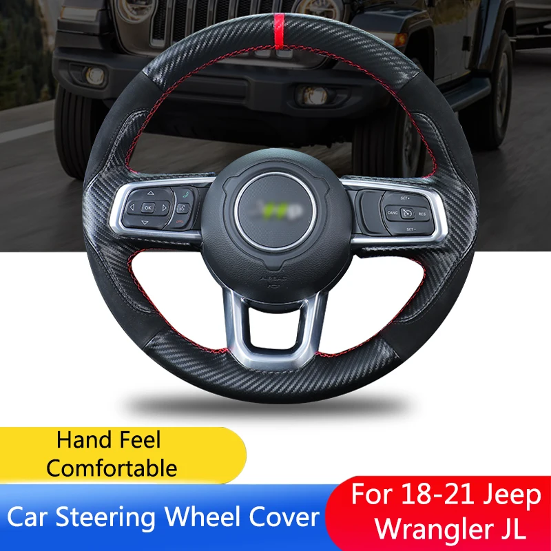 

QHCP Car Steering Wheel Cover Casing Genuine Leather Suede Carbon Fiber Hand-Sewing Interior Trim For Jeep Wrangler JL 2018-2021