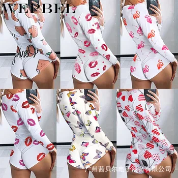 

WEPBEL Playsuits Women's Sexy Printed Tight Playsuits Summer Casual Long Sleeve Deep V Playsuits