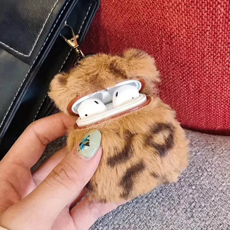Модный меховой чехол для Airpods с зимним леопардовым принтом, Пушистый Плюшевый дизайн для Airpod 1 2, чехол для наушников для девочек