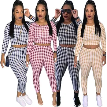 

2 Piece Set Casual Women New European and American Women's Print Plaid Explosion Set Spring 2020