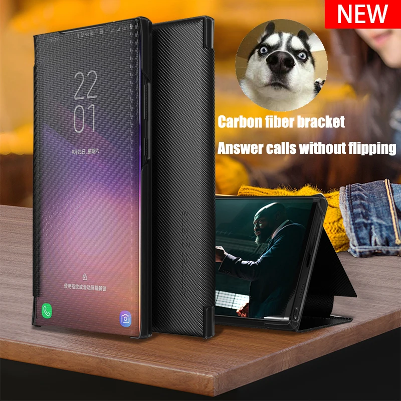 Роскошный чехол-книжка из углеродного волокна с окошком для экрана iPhone 13 11 12 Pro Mini