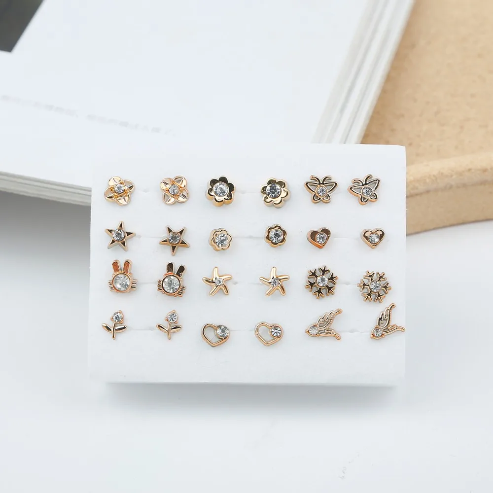 12 paare Nach Dem Zufall Gold Silber Farbe Frauen Kleine Kunststoff Stud Ohrringe Sets Für Mädchen Bowknot Blume Herz Stern Broncos Schmuck – Detail 2