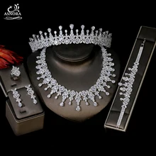 Fashion Luxe Sieraden Dames Sieraden Set, zirconia Ketting Set Armband Ring Oorbel Ketting Crown Bruids 5 Stuk Set
