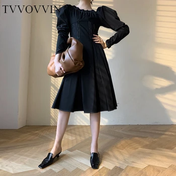 

TVVOVVIN Puff Women Dress Retro Sleeve Ladies Dresses Temperament Vintage Dress High Waist Slim Thin Long Dresses Autumn 4ZG0
