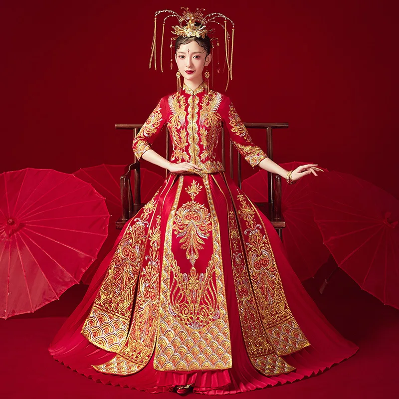 Vintage Red Cheongsam Modern Chinese Traditional Wedding Dress Women Vestido Oriental Collars Elegent Long Qi Pao Size S-XXL |