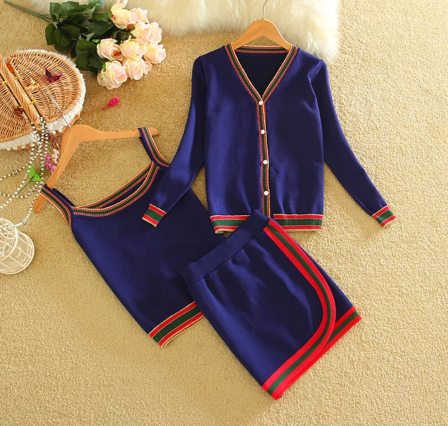 

2019 Spring Women Long-sleeved Jacket with Camis and Skirt 3pcs Set Striped Knitted V-neck Casual Women Sets 3color LY637