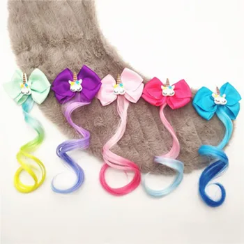 

New Girls Lovely Gradient Colorful Unicorn Bow Wigs Hairpins Princess Hair Ornament Headband Kids Hair Clips Barrettes