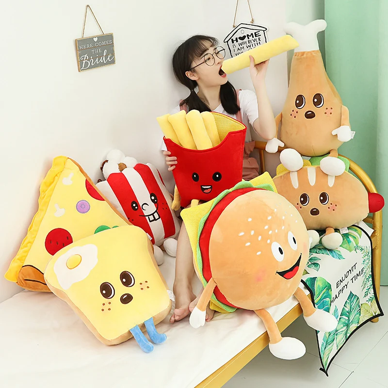 Bonito dos Desenhos Animados de Pelúcia Quente Hambúrguer Batatas Fritas Frango Perna Brinquedo Recheado Comida Pipoca Pizza Travesseiro Almofada Crianças Brinquedos Presente Aniversário 2 High Quality Brinquedos e hobbies