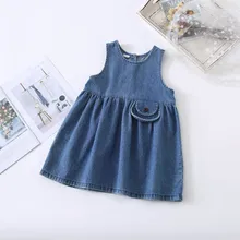 Новинка года; джинсовое платье-жилет для маленьких девочек; сезон весна однотонное джинсовое платье для девочек в консервативном стиле; голубое хлопковое платье для девочек 1-5 лет; детская одежда