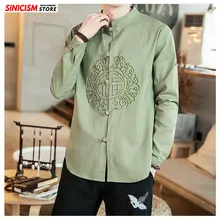 Sinicism магазин осенние мужские винтажные рубашки в китайском стиле мужские повседневные хлопковые льняные рубашки мужская вышивка новая одежда оверсайз