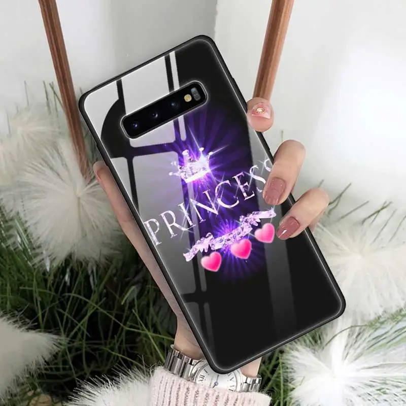Корона с алмазами печать чехол для samsung Galaxy A50 A30 S10 e S9 S8 Note 10 Plus 5G 9 закаленное стекло+ черный мягкий чехол для телефона A70