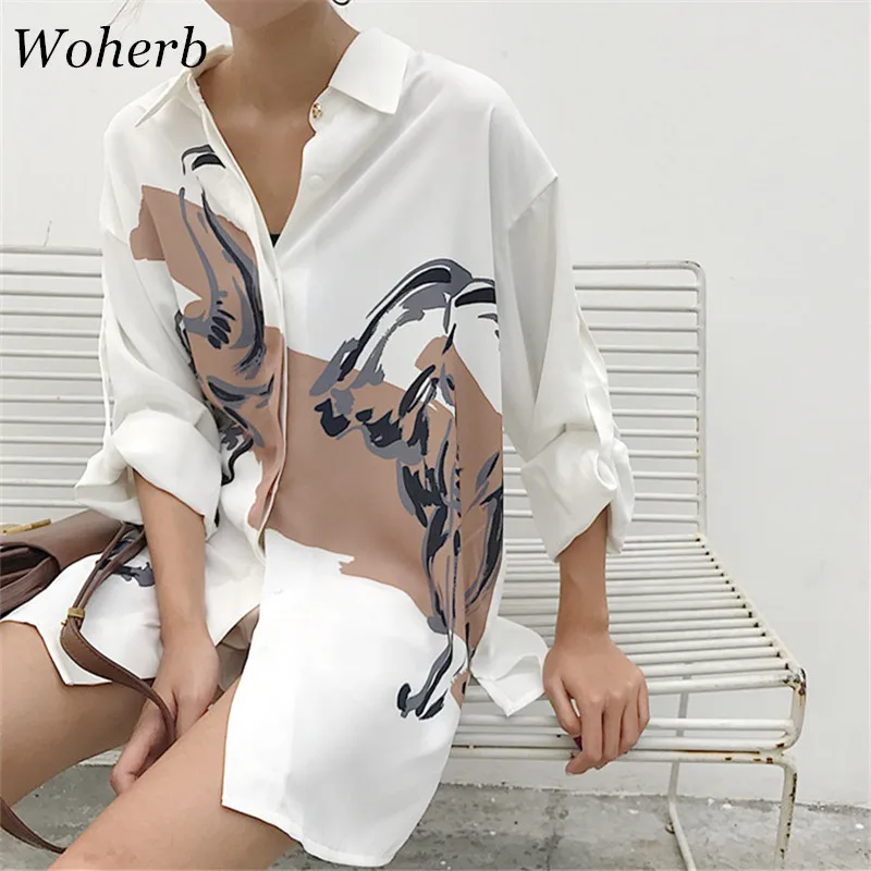 Skup Woherb 2020 obszerna koszula z nadrukiem w stylu Vintage z długim rękawem bluzka damska moda Streetwear kobieta dorywczo luźna koreańska Blusas 74413