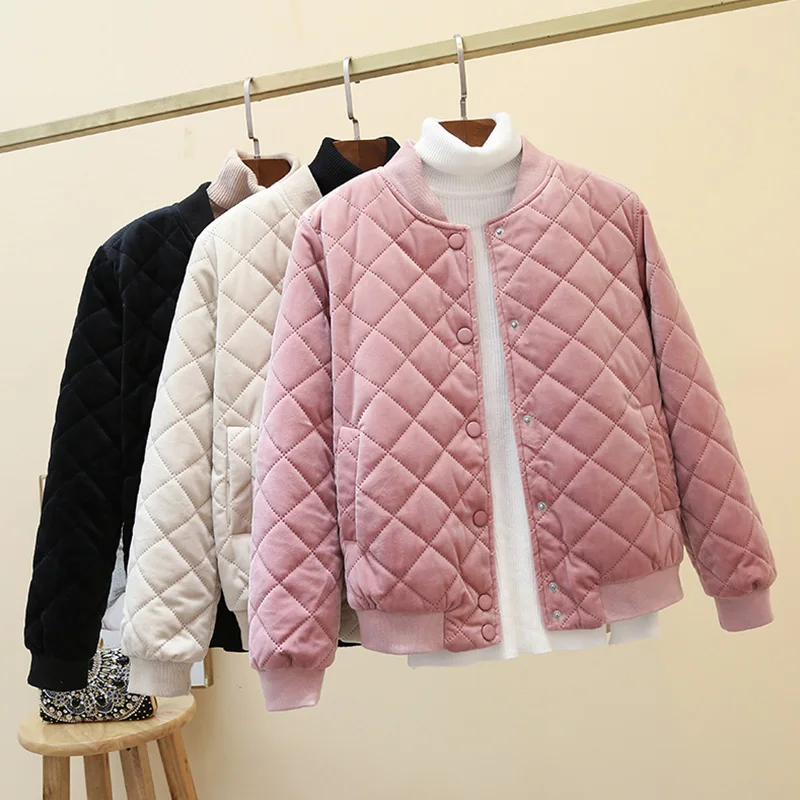 

2019 New Winter Korean Version of Rhombic Bf Baseball Uniform Coat Jacket Female Short Gold Velvet Harajuku Small Cotton Clothes