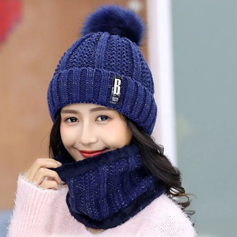 Теплая зимняя вязаная шапка skullies beanies, женская брендовая Высококачественная зимняя женская Лыжная шерстяная меховая шапка с помпонами, вязаный шарф
