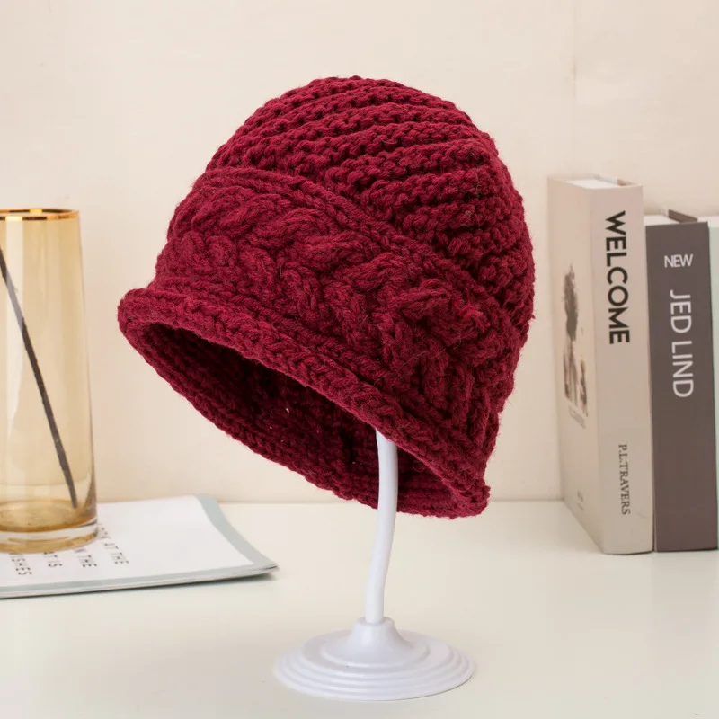 

New classic style winter thick woolen yarn Twist knitted hat warm soft wear solid color joker female sleeve beanies casual hats