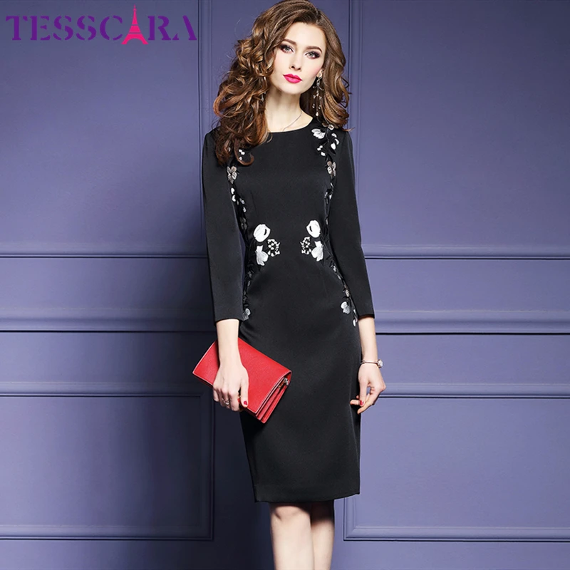 Женское винтажное платье карандаш TESSCARA Осеннее коктейльное с вышивкой большие