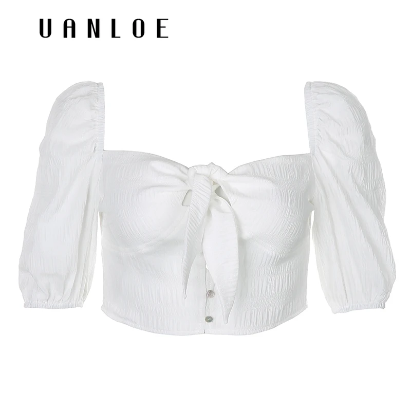 

Woven Bow Shell Button Vintage Women T-shirts Crop Top Short Sleeve V-Neck Tops Skinny Sexy Elegant Casual Women T-shirt