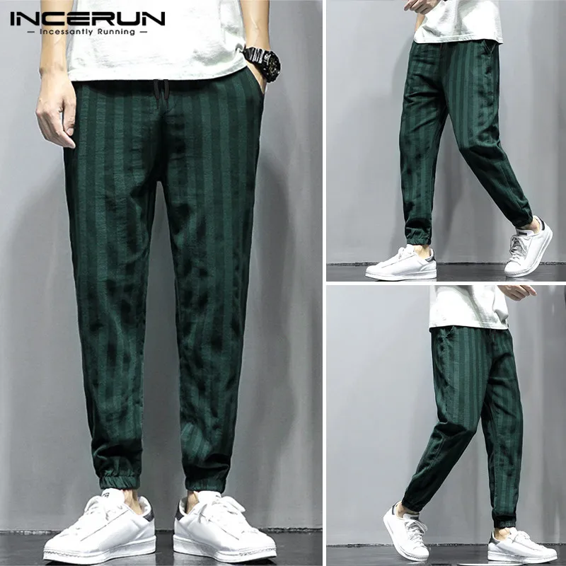 

INCERUN Men Personality Striped Cotton Lacing Pant Straight Leg Baggy Streetwear Cool Boy Casual Elastic Waist Joggers Sweatpant