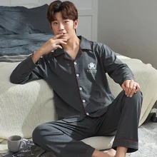 Пижама из хлопка, Мужская пижама с длинными рукавами, комплект из 2 предметов, Мужская мягкая одежда для сна