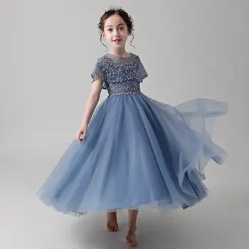 

2019 Kids Girls Flower Embroidery Beading Long Dresses Children Bridesmaid Elegant Vestido Formal Ceremony Party Ball Gown F107