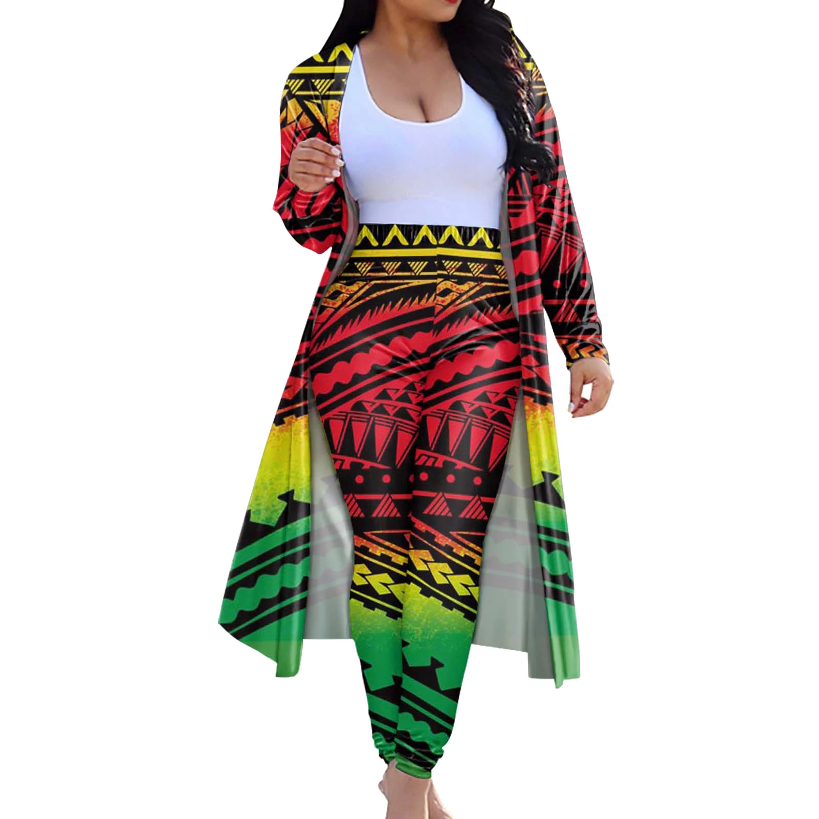 HYCOOL Gradient Samoa Polynesian Tattoo Pattern 2 Piece Set Pants Women Long Cardigan Outerwear For Women Open Front Jacket Coat