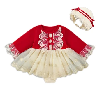 

Baby Girls Romper Set for Toddler 2Pcs Lace Bow Knots Romper + Hat Red White Infant Casual Newborn 0-2Yrs Birthday Party Clothes