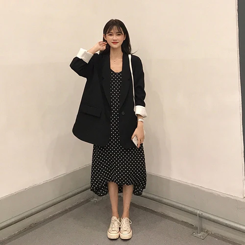 Dress Mazefeng новые женские блейзеры и Платья наборы женские свободные винтажные черные блейзеры женские платья в горошек на тонких бретельках винтажные - Цвет: Dress