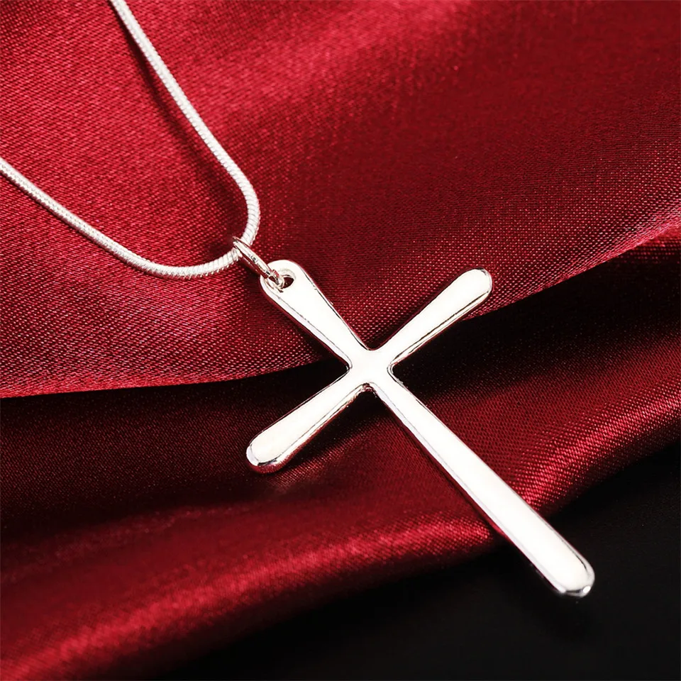 

925 Sterling Silver Long Cross Pendant Necklace 18 Inch Snake Chain For Woman Fashion Wedding Engagement Charm Jewelry