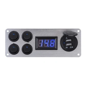 

1pc 12V-24V RV Car 4-button Lights Voltmeter Rocker Switch Panel Blue Dual USB Charger 5V/3.1A For Auto Truck Camper Boats