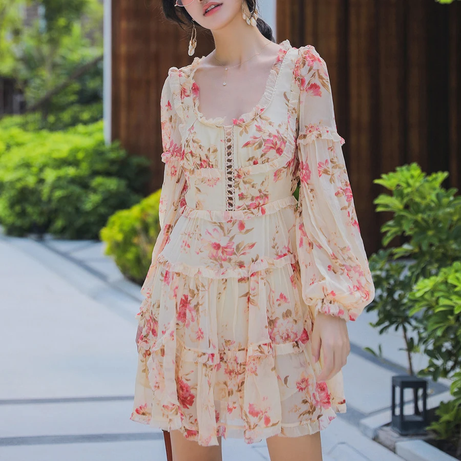 

2019 Summer New Floral Print Elegant Women Dress Sequare Collar Lace Mesh Draped Hollow Out Vacation Holiday Beach Mini Dress