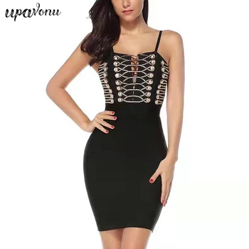 

2019 New Summer Gold Button Dotted Spaghetti Strap Sexy Celebrity Party Dress Dress Lady Out Night Mini Bandage Dress