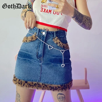 

Goth Dark Gothic E-girl High Waist Jean Skirts Y2k 90s Streetwear Leopard Patchwork Women Skirt Pocket Zipper Front Partywear