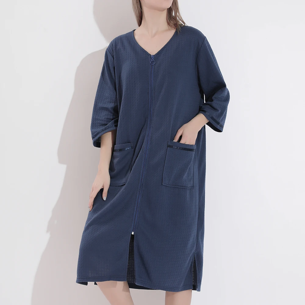 Women Sleepwear Pajamas Bathrobe Nightgown Zipper Pocket Loose Thin Robe Gown 3XL