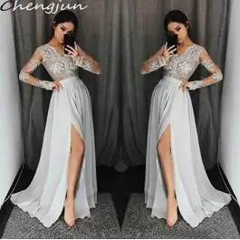 Серый Chengjun с коротким шлейфом, серое платье с высоким разрезом, кружевное платье с длинным рукавом и v-образным вырезом для выпускного вечера - Цвет: Серый