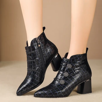 

Women's genuine leather thick high heel ankle boots elastic bottom pointed ladies comfortable OL sytle boots autumn shoes women
