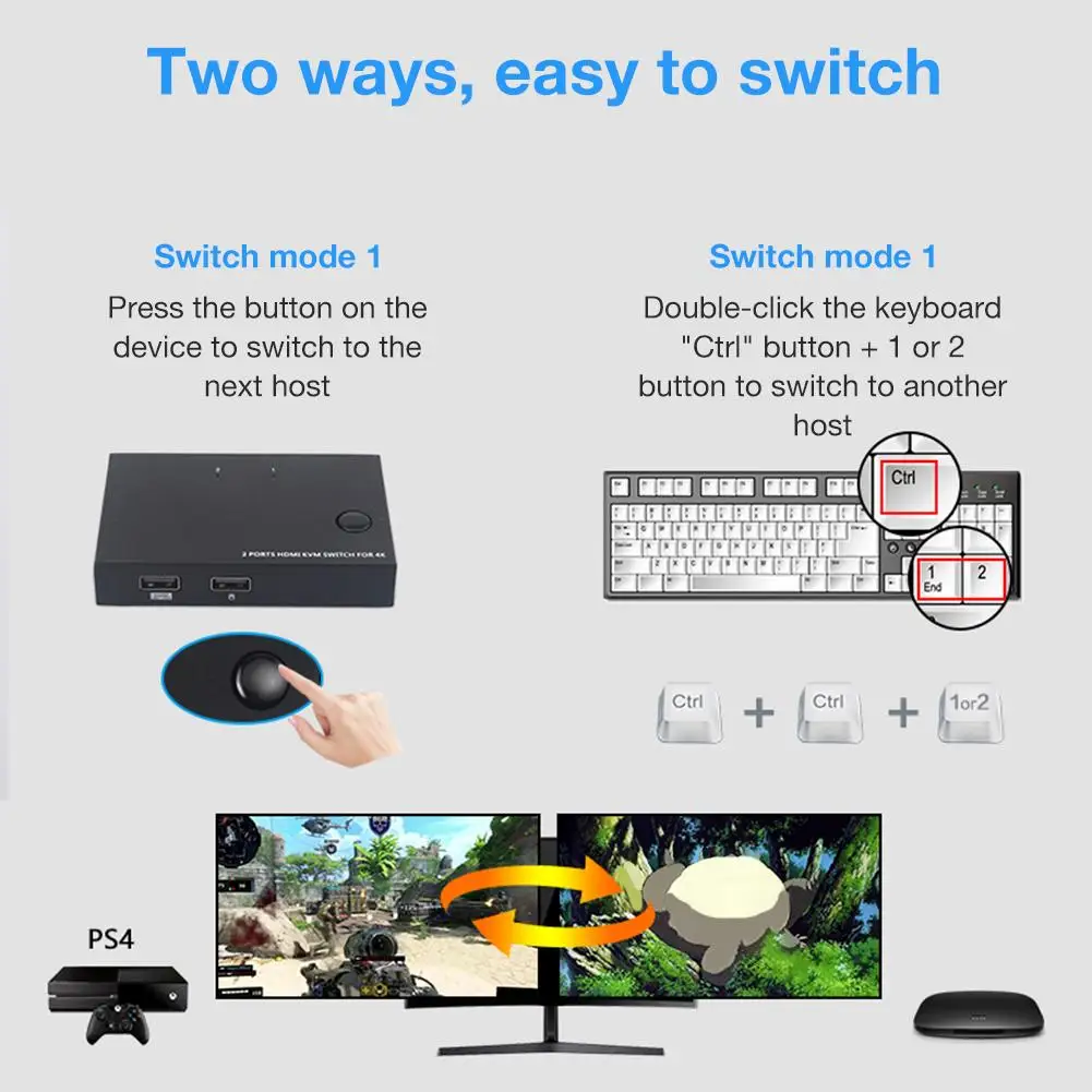  HDMI KVM Switch 2 Port 4K USB Switch KVM VGA Switcher Splitter Box For Sharing Printer Keyboard Mou