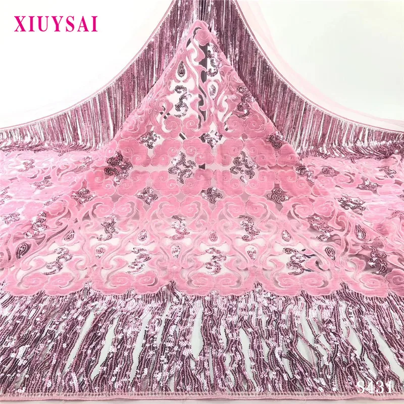 

Latest Pink Sequin African Embroidery Tulle Lace Fabric 2019 High Quality French Mesh Lace Fabric With Sequins 5 Yards S430