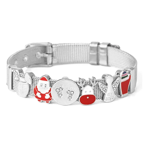 Quality 10mm Stainless Steel Mesh Bracelet With Christmas Boots & Elk Charm Slide Beads For Women Men Lucky Jewelry Gift
