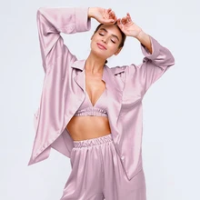 Solid Loose Female Pajamas Satin Turndown Collar Long Sleeve Pocket 2 Piece Set Pants Homewear Silk Women Sleepwear Suits